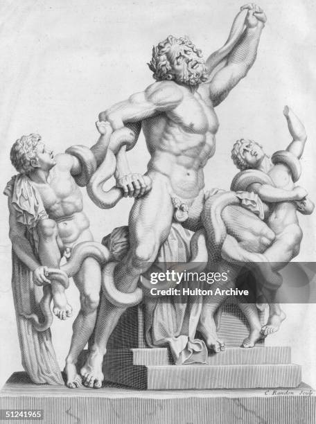 Circa 1260 BC, Laocoon and his two sons being killed by two sea snakes after he had protested against the proposal to take the wooden horse full of...