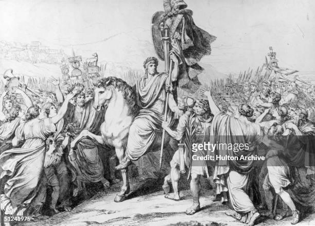 Circa 753 BC, Romulus, the legendary founder and first king of Rome. Original Artwork: Engraving by Pinelli in 1817