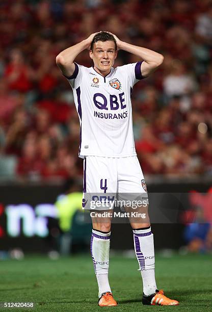 Shane Lowry of Perth Glory reacts after a missed opportunity on goal during the round 21 A-League match between the Western Sydney Wanderers and the...