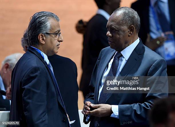 Presidential candidate Sheikh Salman Bin Ebrahim Al Khalifa talks to FIFA Acting President Issa Hayatou during the Extraordinary FIFA Congress at...