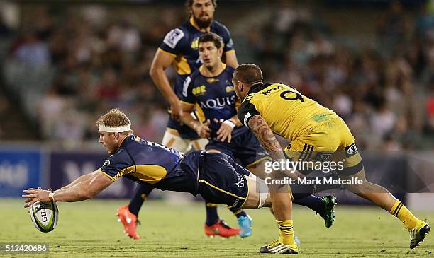 David Pocock of the Brumbies dives on a loose ball during the round one Super Rugby match between the Brumbies and the Hurricanes at GIO Stadium on...