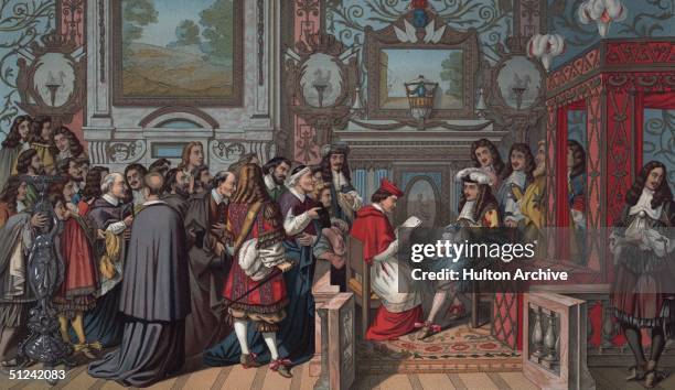 Louis XIV known as 'The Sun King' giving an audience in his bed chamber to the Pope's nephew specially sent to apologise for an insult to the French...