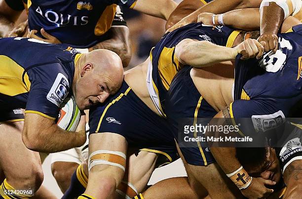 Stephen Moore of the Brumbies peels off the back of a rolling maul to score a try during the round one Super Rugby match between the Brumbies and the...