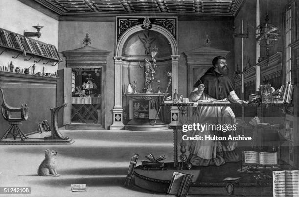 Circa 400 AD, Saint Jerome , best known for his translation of the Bible into Latin, in his study. Original Artwork: Painted by Carpaccio