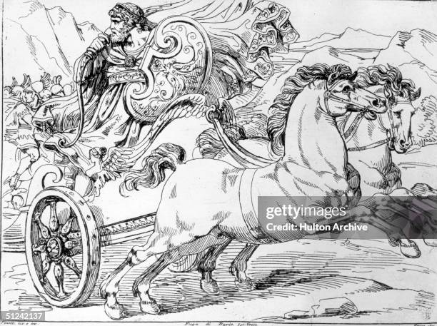 Circa 333 BC, Darius III, king of Persia, fleeing in a chariot after defeat at the hands of Alexander the Great's army. Original Artwork: Drawing by...