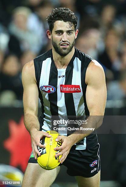 Alex Fasolo of the Magpies kicks during the 2016 NAB Challenge match between the Geelong Cats and the Collingwood Magpies at Simonds Stadium on...
