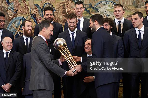 King Felipe VI of Spain receives Real Madrid Basket Team at the Zarzuela Palace on February 26, 2016 in Madrid, Spain.