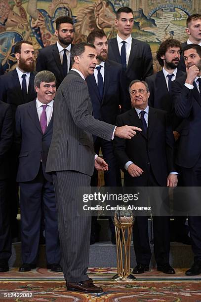 King Felipe VI of Spain receives Real Madrid Basket Team at the Zarzuela Palace on February 26, 2016 in Madrid, Spain.