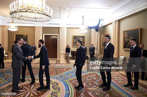 King Felipe VI of Spain receives Real Madrid Basket Team at the Zarzuela Palace on February 26, 2016 in Madrid, Spain.