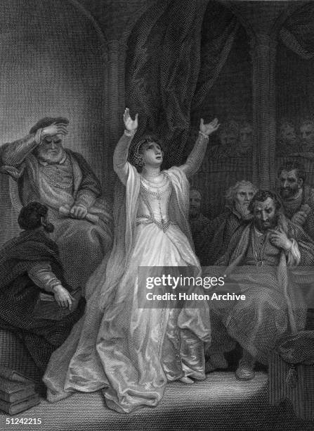 May 1536, English queen Anne Boleyn , second wife of King Henry VIII, raises her arms in despair on being sentenced to death for high treason at the...