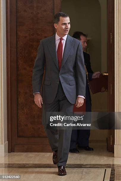 King Felipe VI of Spain receives Real Madrid Basket Team at the Zarzuela Palace on February 26, 2016 in Madrid, Spain.