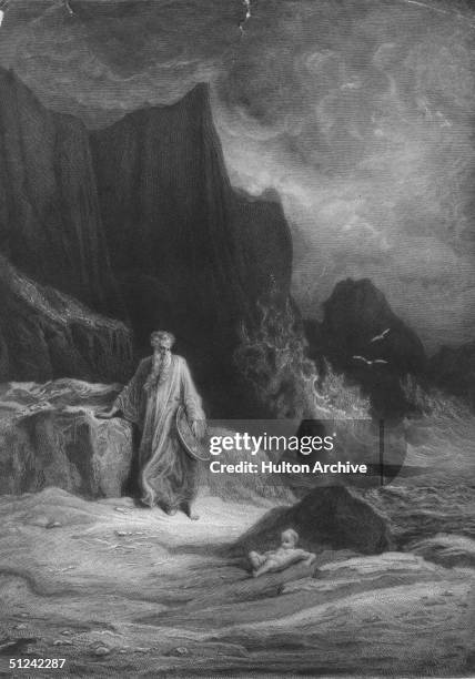 Circa 500 AD, King Arthur of England. An elderly figure who is carrying a round object is looking at a naked baby behind a rock.