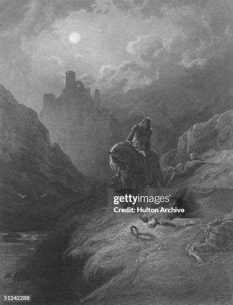 Circa 540 AD, Arthur on horseback in a stormy landscape with the outline of a castle on a mountain peak in the background. A crown is rolling on the...