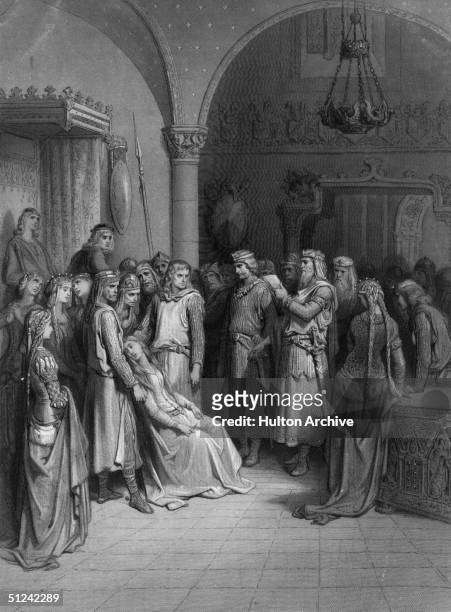 Circa 540 AD, King Arthur surrounded by courtiers and with the fainting figure of a woman.