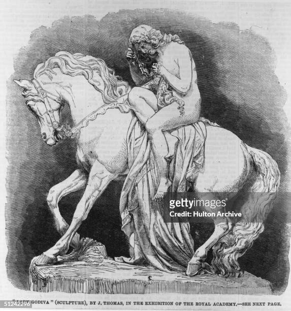 Circa 1059, Statue of Lady Godiva , wife of the Earl of Mercia, seated on a white horse without clothes. From the Illustrated London News, June 22,...