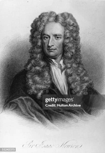 Circa 1675, Sir Isaac Newton the English physicist and mathematician who was knighted by Queen Anne in 1705. Original Artwork: Engraving by Freeman...