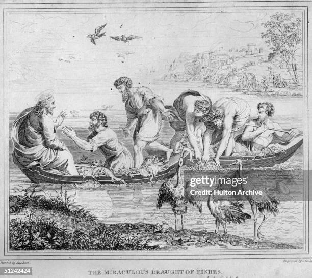 Circa 25 AD, The miraculous draught of fishes'. Christ and his disciples fishing in small boats amongst a sea of fishes. Original Artwork: An...