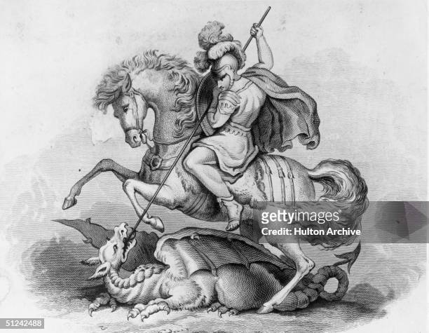 Circa 300 AD, St George, patron saint of England and Portugal, slaying the dragon. Original Artwork: 19th century engraving