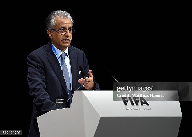 Presidential candidate Sheikh Salman Bin Ebrahim Al Khalifa talks during the Extraordinary FIFA Congress at Hallenstadion on February 26, 2016 in...