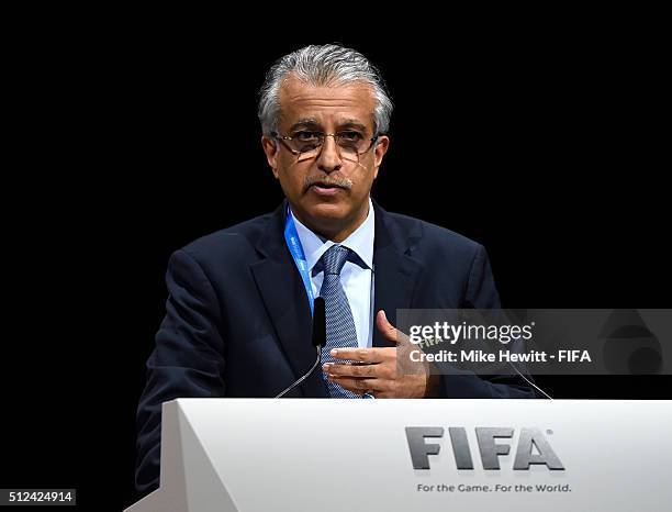 Presidential candidate Sheikh Salman Bin Ebrahim Al Khalifa talks during the Extraordinary FIFA Congress at Hallenstadion on February 26, 2016 in...