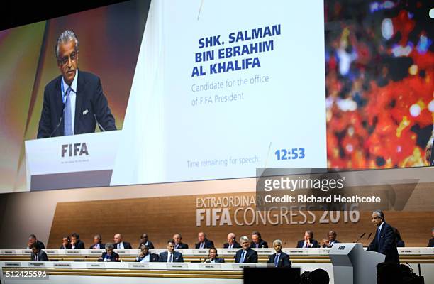 Presidential candidate Sheikh Salman Bin Ebrahim Al Khalifa talks during the Extraordinary FIFA Congress at Hallenstadion on February 26, 2016 in...
