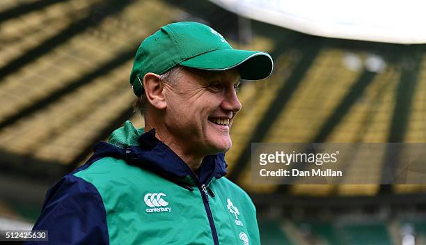 Joe Schmidt, Head Coach of Ireland looks on during the Ireland Captains Run at Twickenham Stadium on February 26, 2016 in London, England.