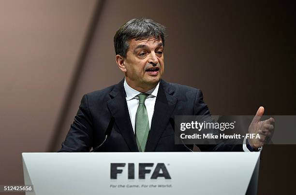 Presidential candidate Jerome Champagne talks during the Extraordinary FIFA Congress at Hallenstadion on February 26, 2016 in Zurich, Switzerland.