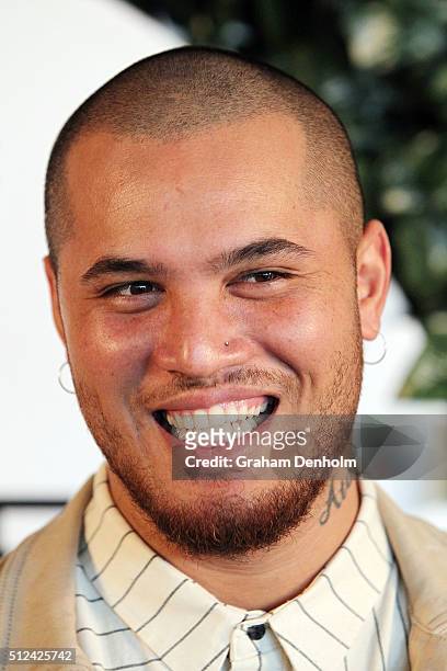Stan Walker poses as he arrives for Change The Game: A Thankyou Gala on February 26, 2016 in Melbourne, Australia.