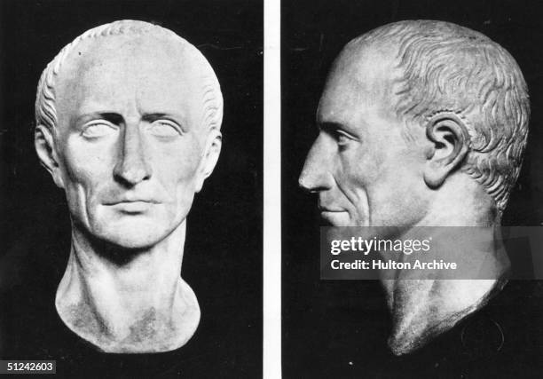 Circa 50 BC, Front and profile views of the bust of Roman dictator Julius Caesar on display in the British Museum.