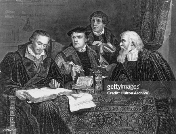 Circa 1510, German theologian and reformer Martin Luther , second from left, with other German reformers Melancthon, Pomeranus,and Cruciger. Original...