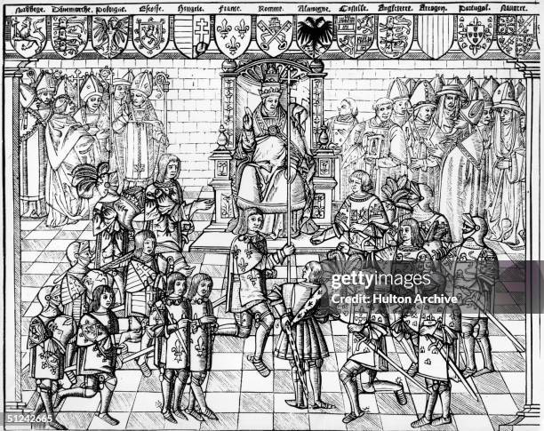 Circa 1095, Pope Urban II presiding over the Council of Clermont and calling for Christian support for the First Crusade. From a wood engraving of...