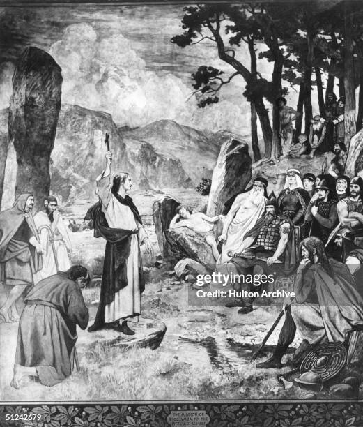 Circa 565 AD, Irish missionary Saint Columba preaching to the Picts on the Scottish island of Iona. Columba worked to convert the Picts to...