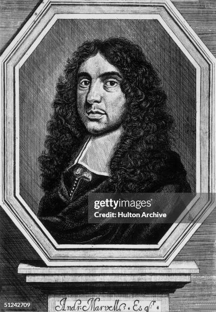 English poet and politician Andrew Marvell . From the frontispiece to his poems published in 1681.