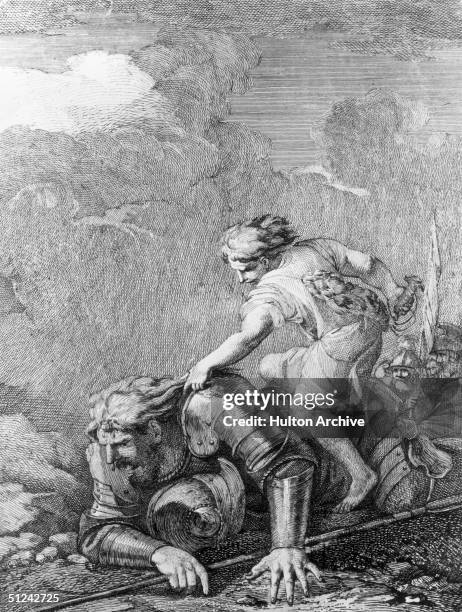 Circa 1050 BC, David astride a fallen Goliath who is clad in full body armour. Original Artwork: Artist - Salvator Rosa. Engraving - Richard Earlom .