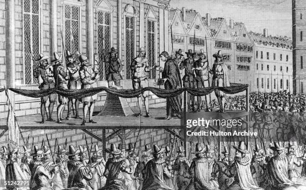 Charles I , king of Great Britain on the scaffold in front of Whitehall, London, on which he was executed.. Original Artwork: A contemporary print