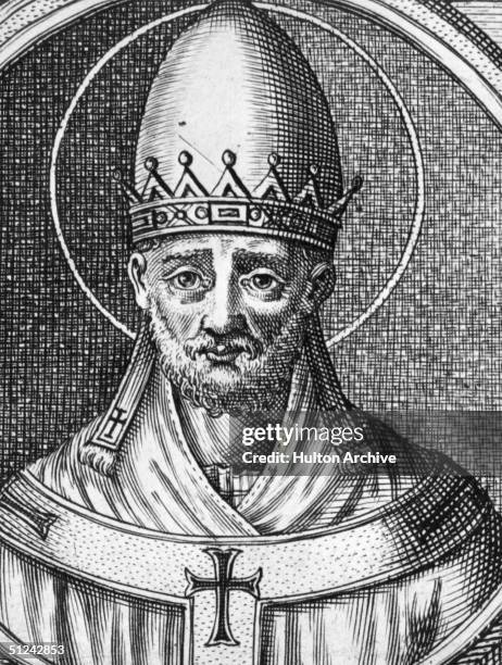 Circa 366 AD, Pope Damasus I, , Pope from 367 to 384, wearing his mitre surrounded by a halo.