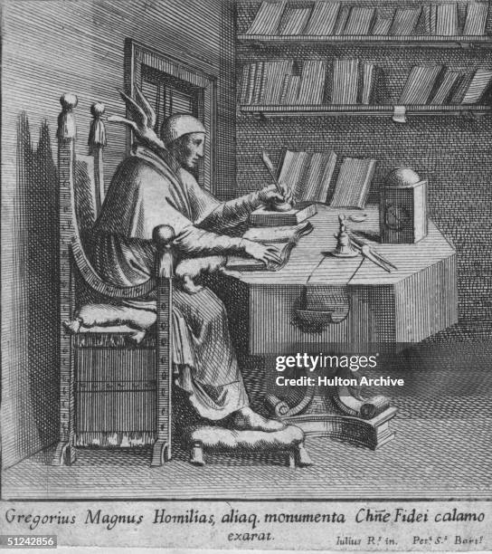 Circa 590 AD, Gregory the Great, Pope Gregory I , who introduced Gregorian chant to the liturgy, sitting at a desk writing with a bird on his...