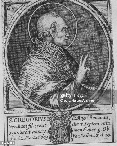 Circa 600 AD, Gregory the Great, Pope Gregory I . Depicted with a halo and giving a blessing. Introduced Gregorian chant to the liturgy. Circular...