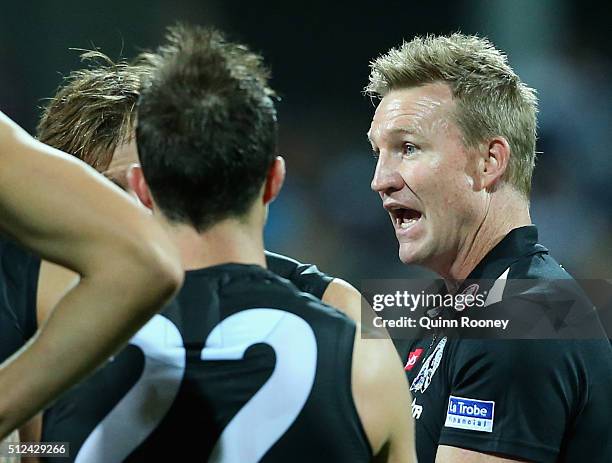 Nathan Buckley the coach of the Magpies talks to his players during the 2016 NAB Challenge match between the Geelong Cats and the Collingwood Magpies...
