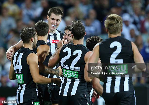 The Magpies celebrate a goal during the 2016 NAB Challenge match between the Geelong Cats and the Collingwood Magpies at Simonds Stadium on February...