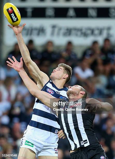Zac Smith of the Cats competes in the ruck against Jarrod Witts of the Magpies during the 2016 NAB Challenge match between the Geelong Cats and the...