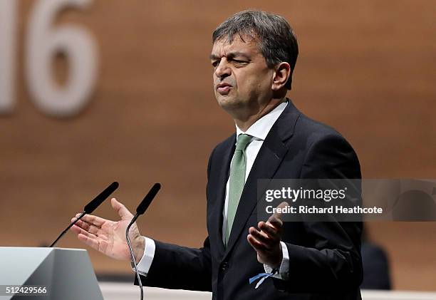 Presidential candidate Jerome Champagne talks during the Extraordinary FIFA Congress at Hallenstadion on February 26, 2016 in Zurich, Switzerland.