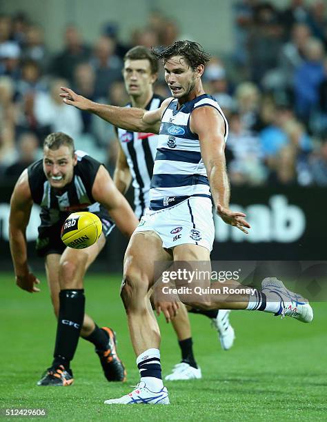 Tom Hawkins of the Cats kicks during the 2016 NAB Challenge match between the Geelong Cats and the Collingwood Magpies at Simonds Stadium on February...