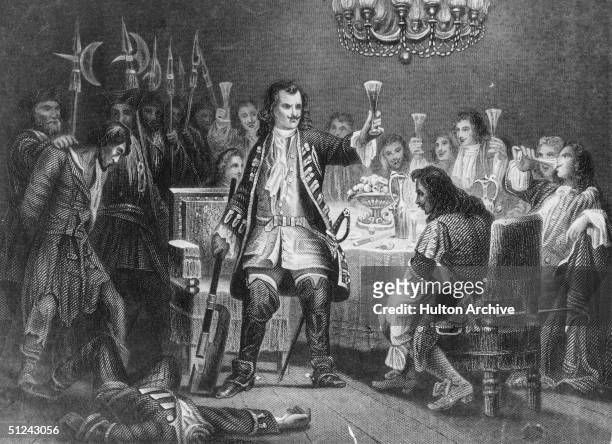 Circa 1700, Peter the Great , Tsar of Russia, beheading one of the rebel Streltsy in front of his nobles.