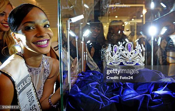 Miss South Africa 2015 Liesl Laurie with Miss SA finalists at the unveiling of the new Miss South Africa crown, Enhle on February 24, 2016 in...