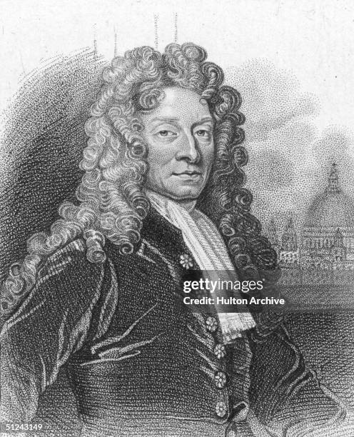 Circa 1692, Sir Christopher Wren architect and scientist whose greatest work is St Paul's Cathedral in London, seen here in the background.