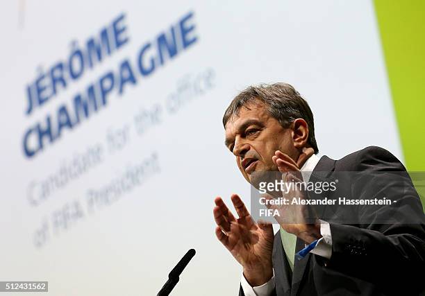 Presidential candidate Jerome Champagne talks during the Extraordinary FIFA Congress at Hallenstadion on February 26, 2016 in Zurich, Switzerland.