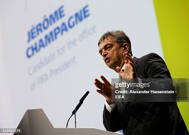 Presidential candidate Jerome Champagne talks during the Extraordinary FIFA Congress at Hallenstadion on February 26, 2016 in Zurich, Switzerland.