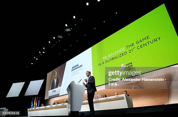 Presidential candidate Jerome Champagne talks during the Extraordinary FIFA Congress at Hallenstadion on February 26, 2016 in Zurich, Switzerland.