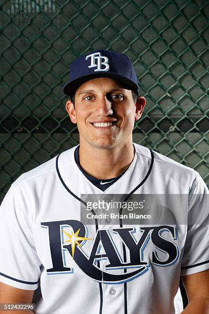 Mikie Mahtook of the Tampa Bay Rays poses for a photo during the Rays' photo day on February 25, 2016 at Charlotte Sports Park in Port Charlotte,...